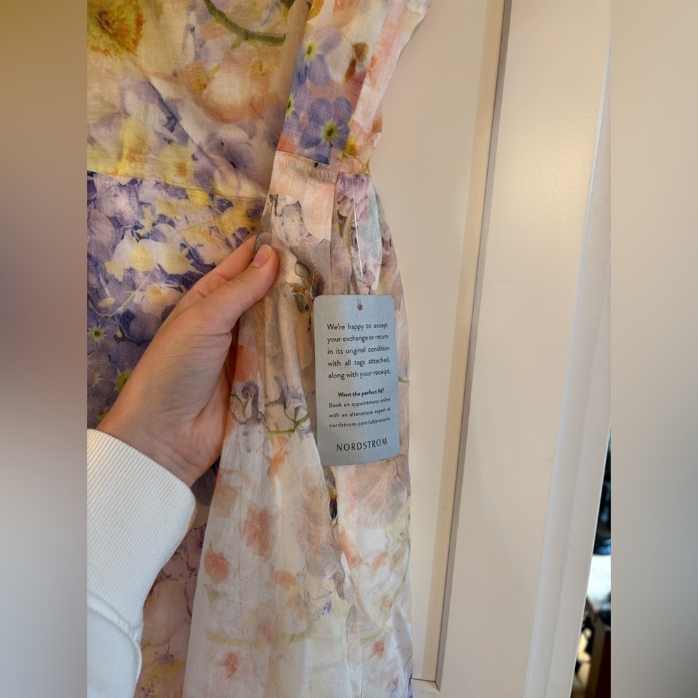 new En Saison Taylorrann watercolor midi dress in ivory violet orange combo - Picture 5 of 7